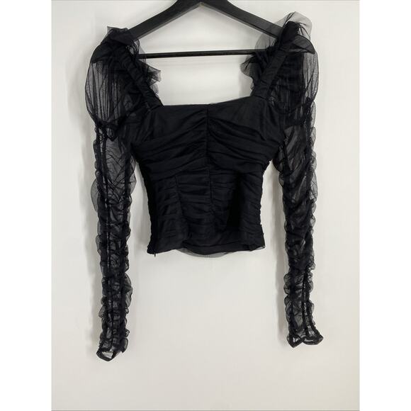 Y2K Corset Top Fitted Sleeve Size 0 Black Whimsigoth Sheer Celestial Fairy 985 - Picture 6 of 9